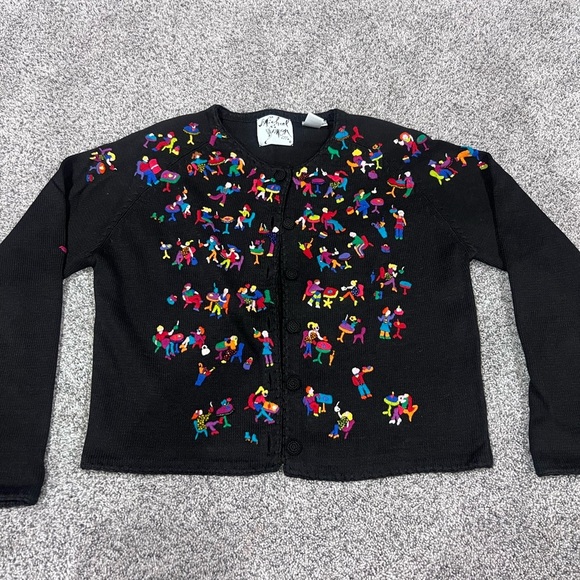 Michael Simon Sweaters - Vintage Michael Simon 1997  Colorful People Embroidered Beaded Black Cardigan L